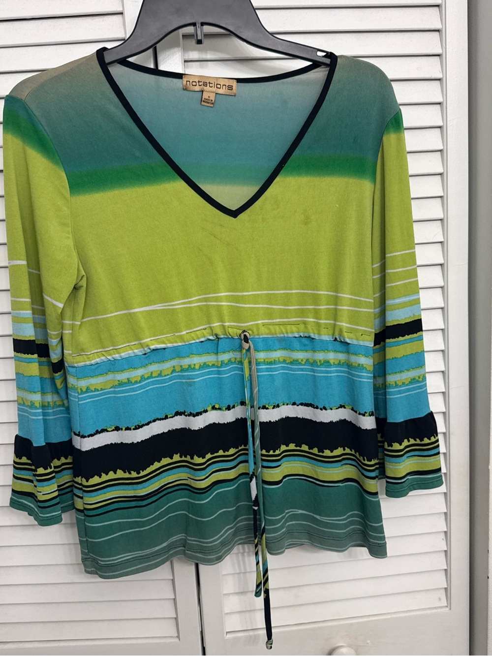 Notations V-Neck Striped Drawstring Top in Lime Green & Teal